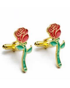 N-1104E Manchetknopen - Roos Rood met Groen en Goud Bloemen 1.jpg